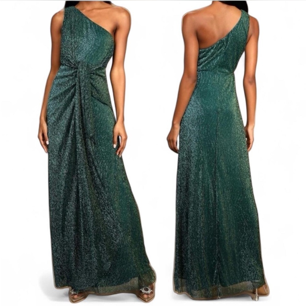 NWT LULUS Glamorous Glitz Shiny Teal Green One-Shoulder Maxi Dress {Small}